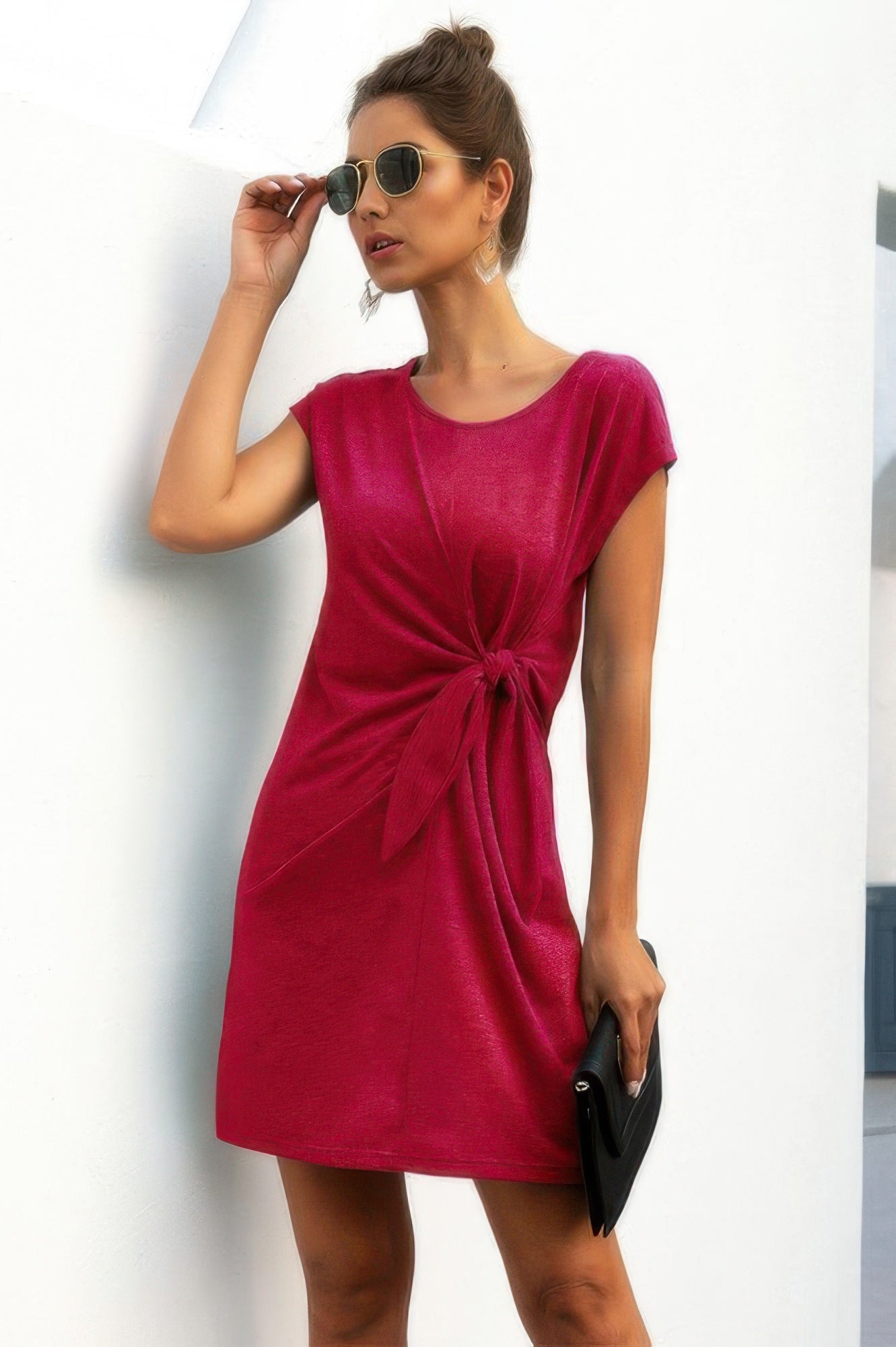 Solid Twist Knot Front Short Sleeve Tee Fit Dress - JUST - JEN BOUTIQUE