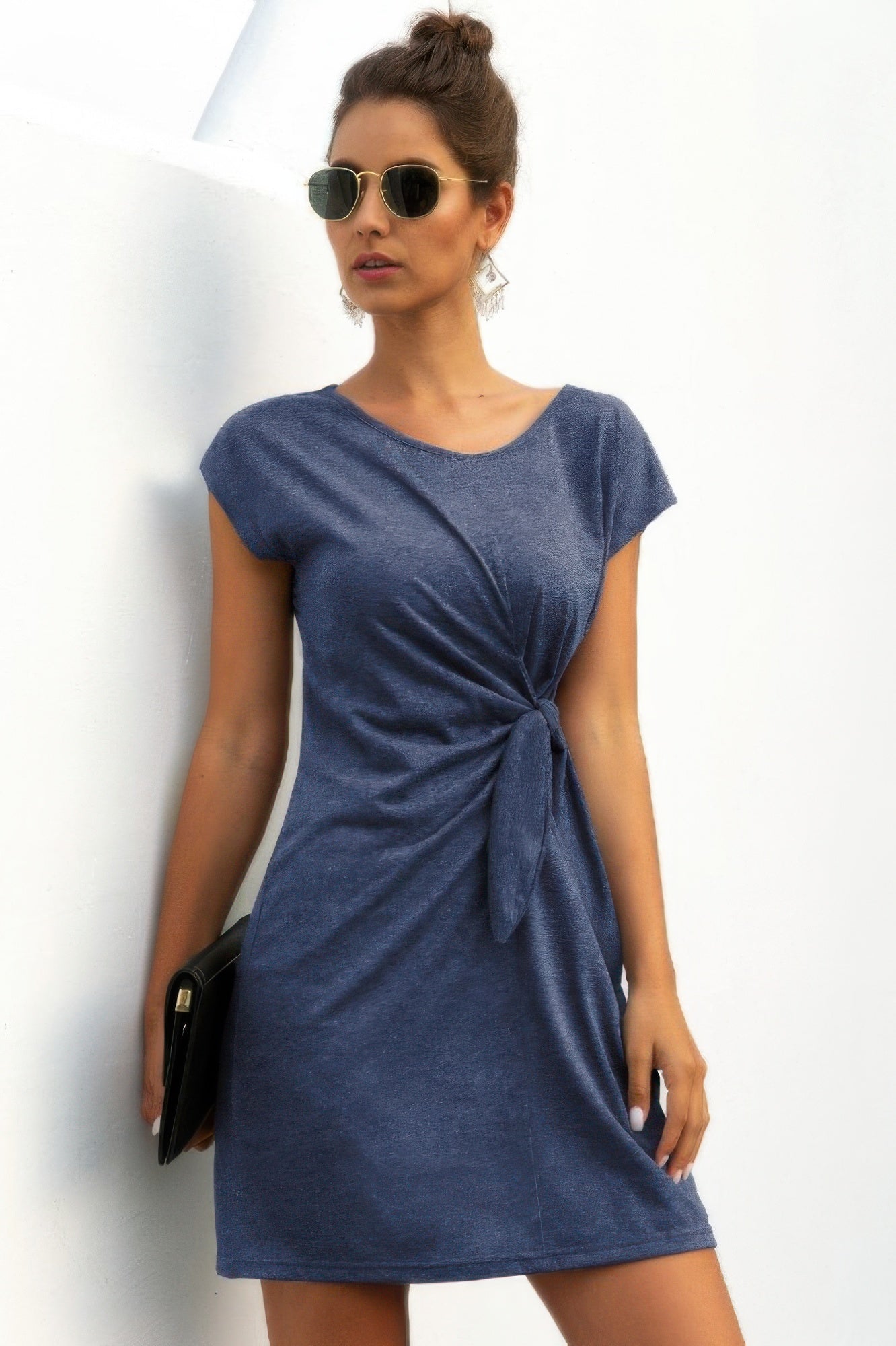 Solid Twist Knot Front Short Sleeve Tee Fit Dress - JUST - JEN BOUTIQUE