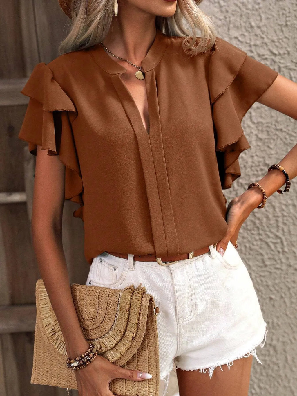 Ruffle Sleeve Notched Blouse - JUST - JEN BOUTIQUE