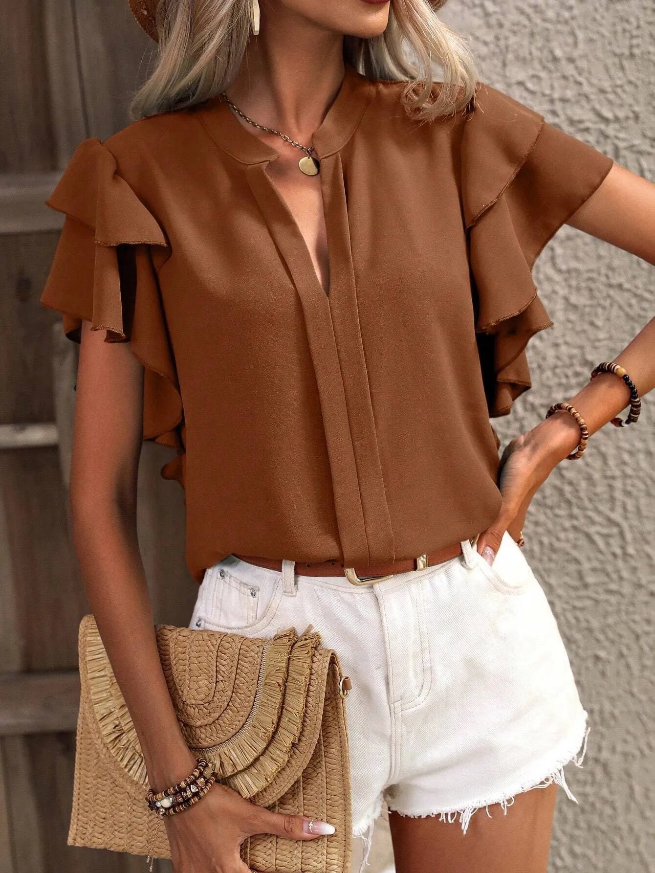 Ruffle Sleeve Notched Blouse - JUST - JEN BOUTIQUE