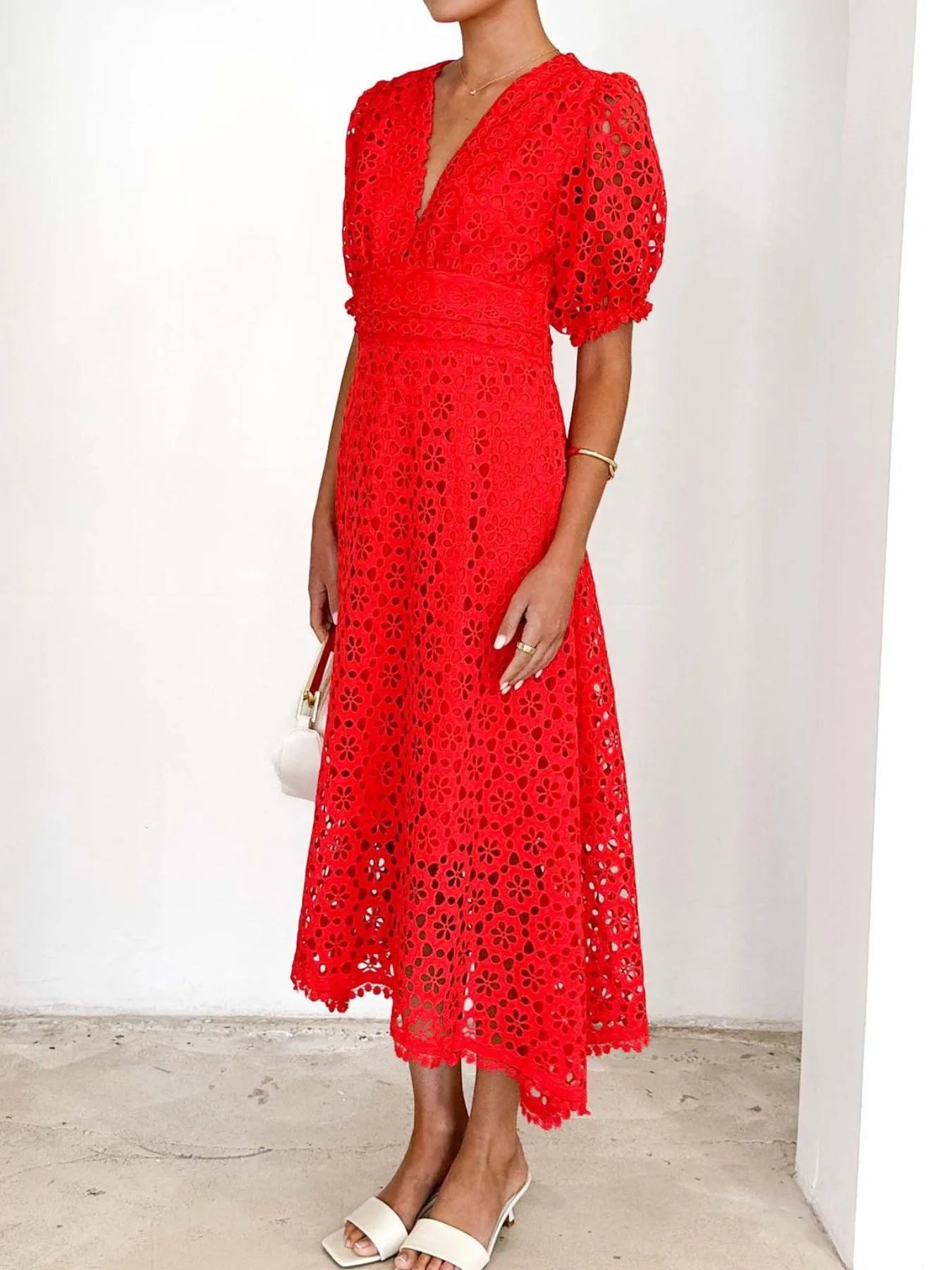 Eyelet Lace V - Neck Midi Dress with Puff Sleeves - JUST - JEN BOUTIQUE