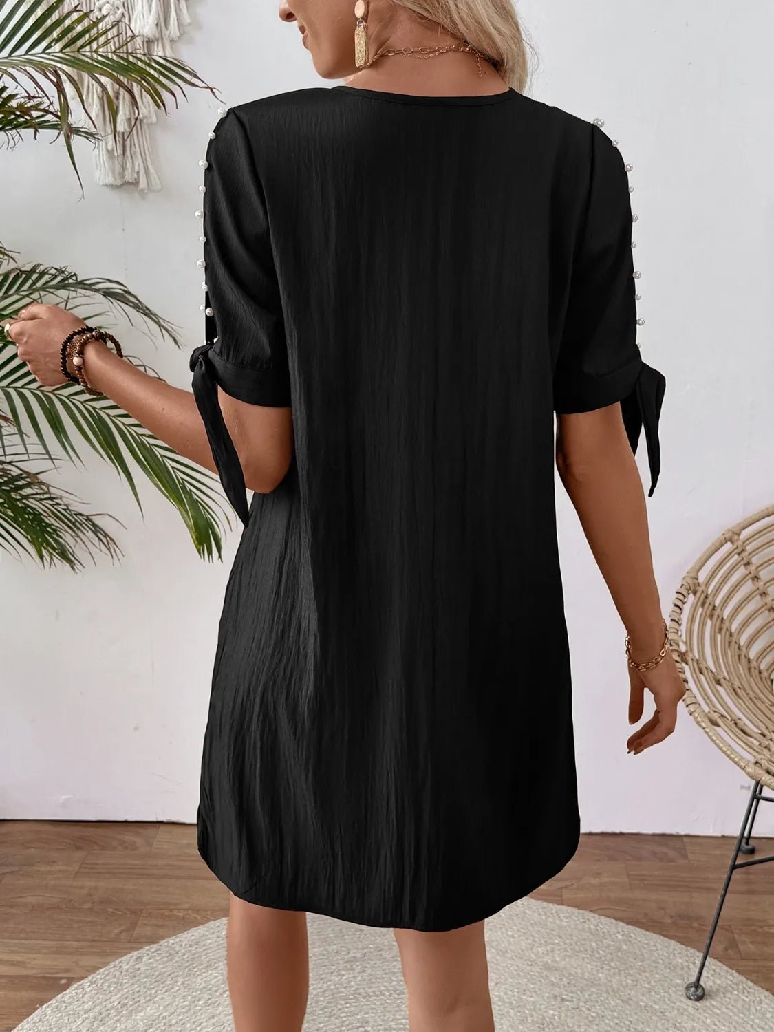 Cutout Pearl Detail V - Neck Mini Dress - JUST - JEN BOUTIQUE