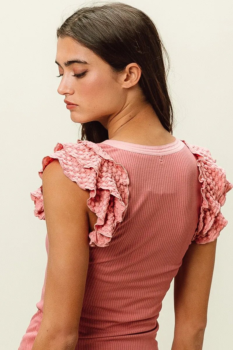 BiBi Rib Knit With Textured Ruffled Top - JUST - JEN BOUTIQUE
