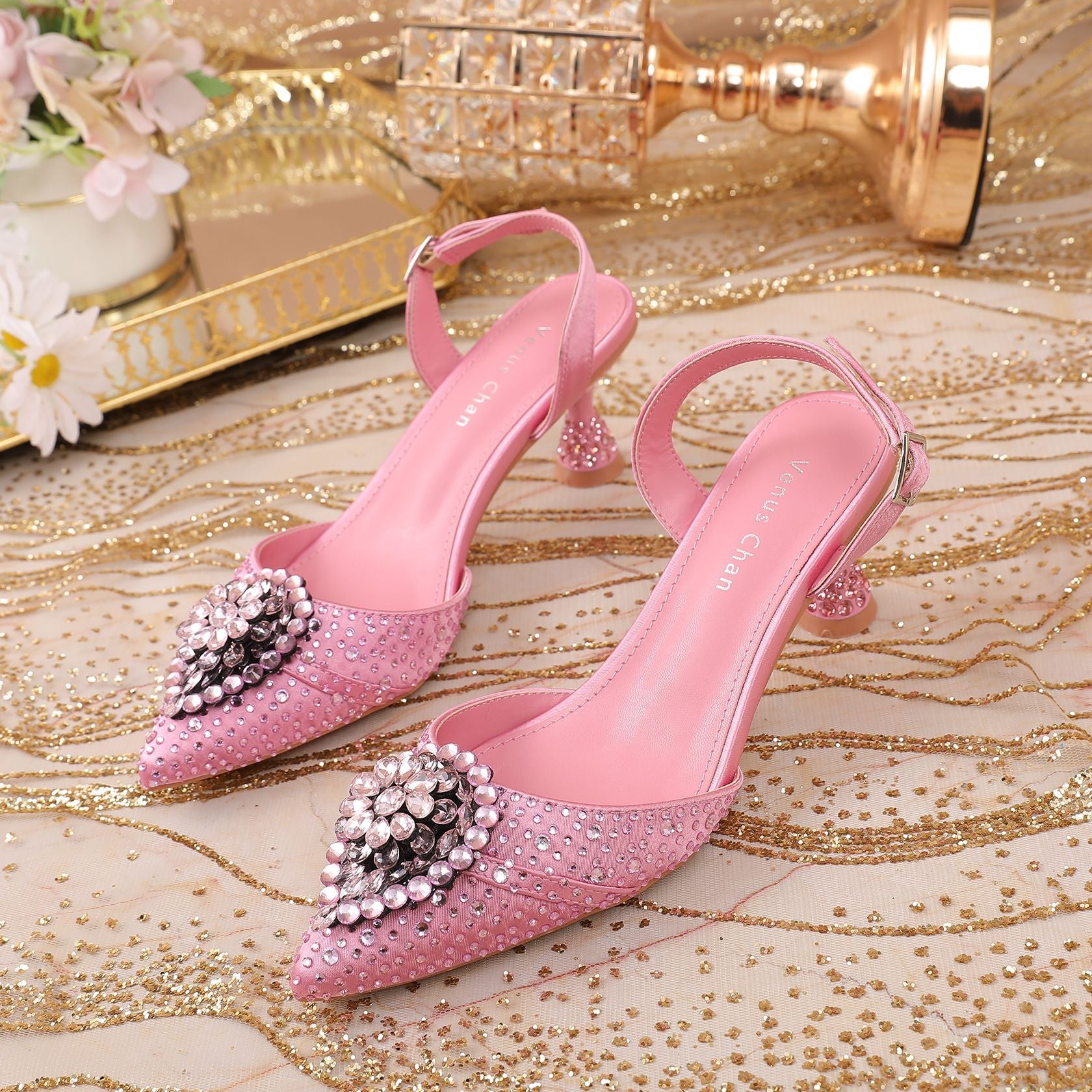 Rhinestone Point Toe Flare Heel Slingback Pumps - JUST - JEN BOUTIQUE