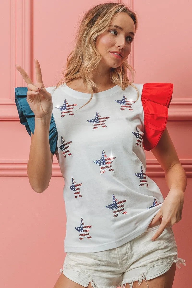 BiBi American Flag Sequin Stars Top - JUST - JEN BOUTIQUE