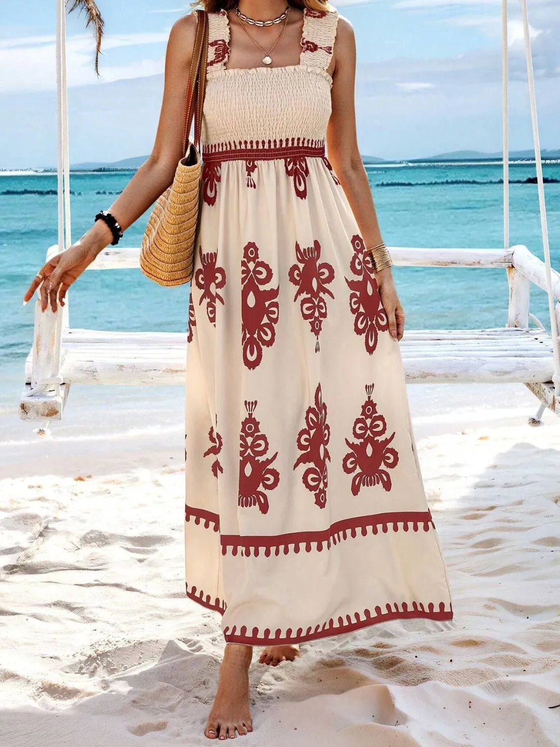 Smocked Printed Wide Strap Maxi Dress - JUST - JEN BOUTIQUE