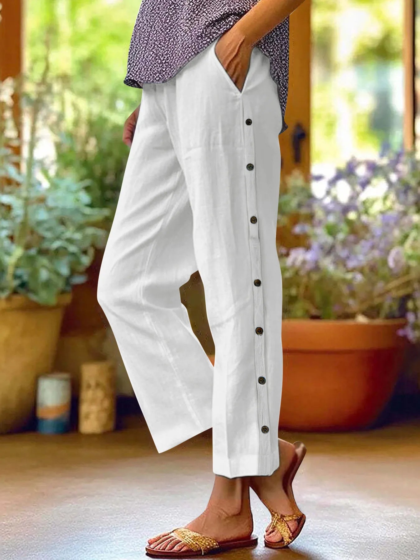 Full Size Side Decor Button Casual Wide Leg Pants Plus Size - JUST - JEN BOUTIQUE