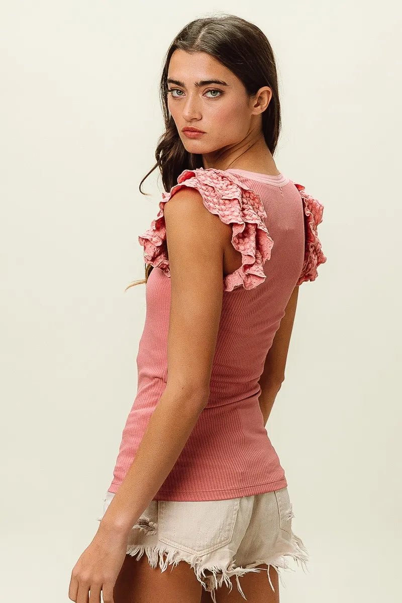 BiBi Rib Knit With Textured Ruffled Top - JUST - JEN BOUTIQUE