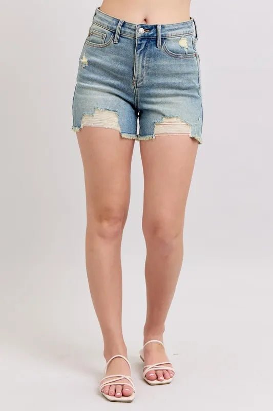 Judy Blue Full Size High Rise Washed Fly Stitch Detail and Destroy Denim Shorts Plus Size - JUST - JEN BOUTIQUE
