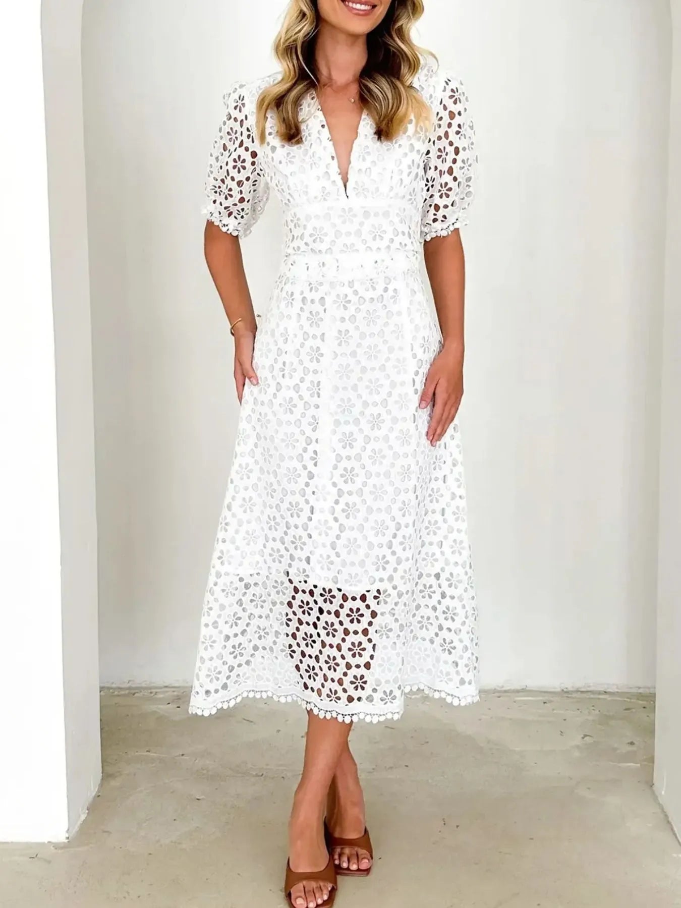 Eyelet Lace V - Neck Midi Dress with Puff Sleeves - JUST - JEN BOUTIQUE