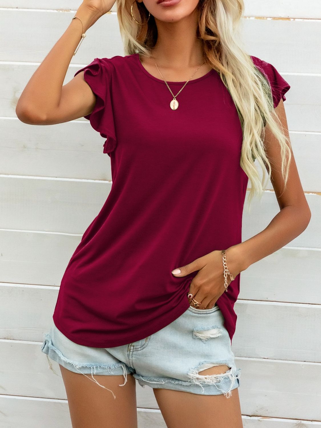 Round Neck Butterfly Sleeve Top - JUST - JEN BOUTIQUE