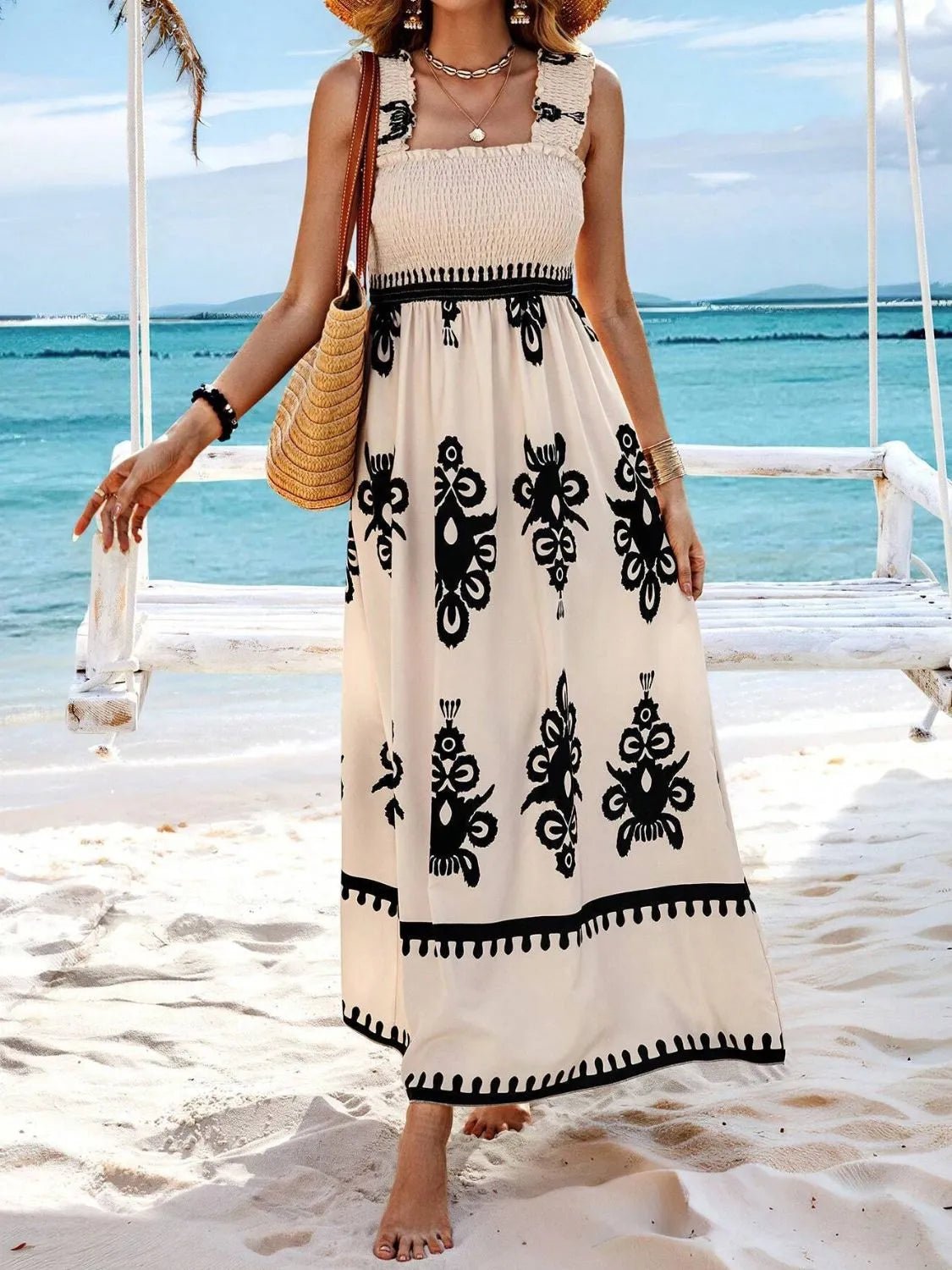 Smocked Printed Wide Strap Maxi Dress - JUST - JEN BOUTIQUE