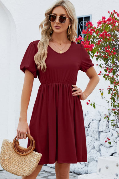 V-Neck Balloon Short Sleeve Dress