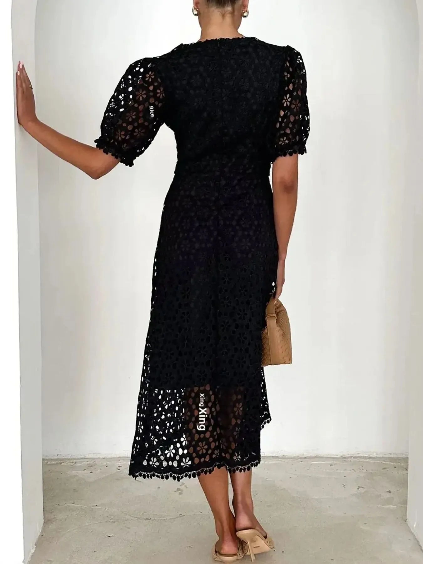 Eyelet Lace V - Neck Midi Dress with Puff Sleeves - JUST - JEN BOUTIQUE