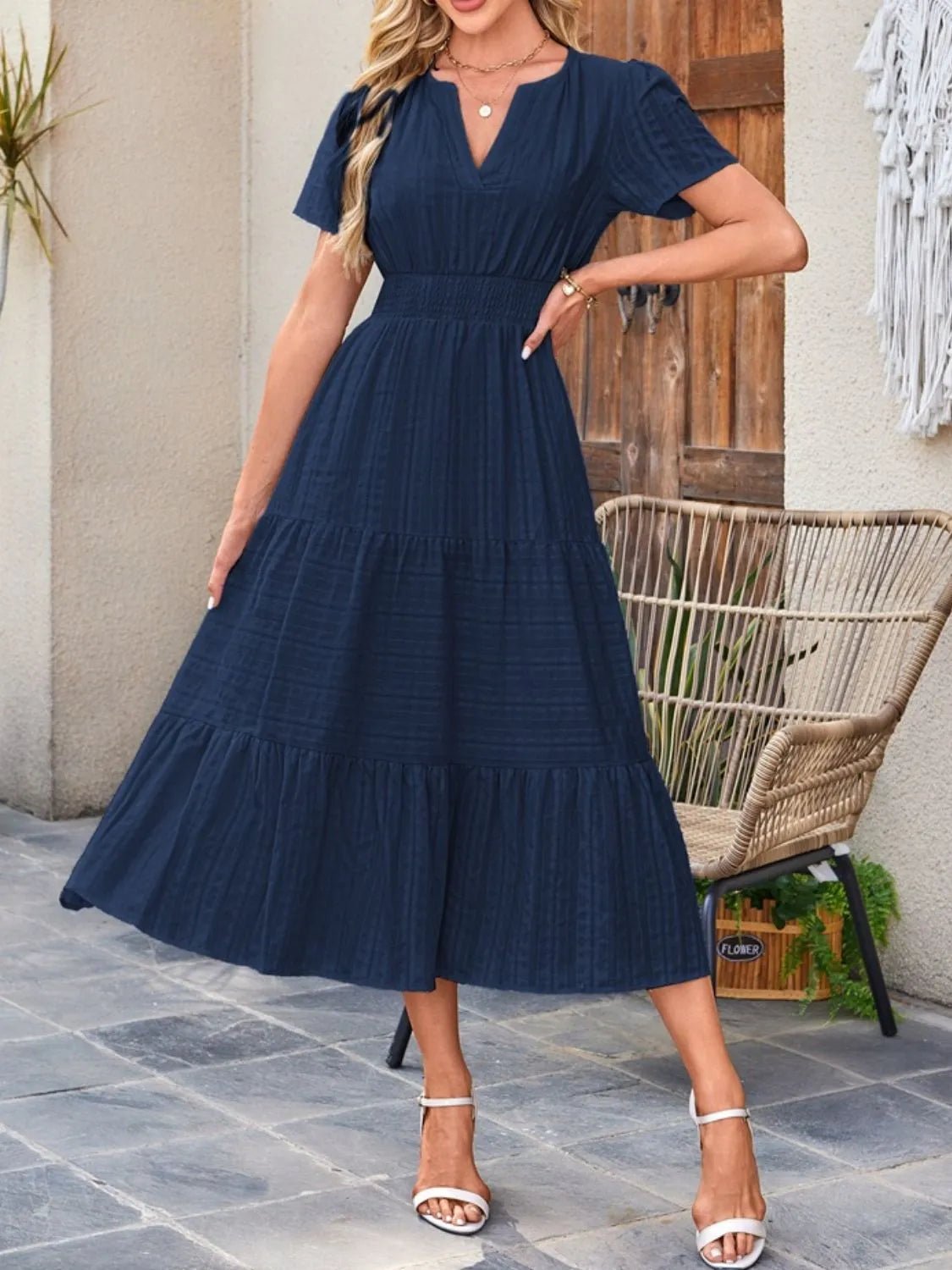 Tiered Notched Short Sleeve Dress - JUST - JEN BOUTIQUE