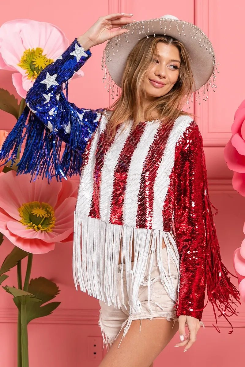 BiBi American Flag Theme Fringe Detailed Sequins Crop Top - JUST - JEN BOUTIQUE
