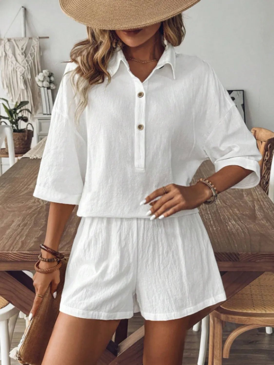 Collared Neck Half Sleeve Top and Shorts Set - JUST - JEN BOUTIQUE