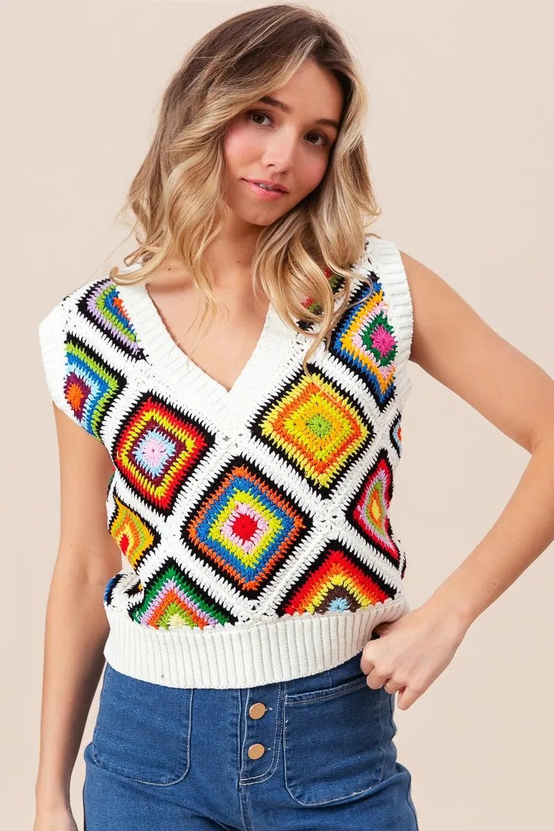 BiBi Diamond Granny Square Sweater Vest - JUST - JEN BOUTIQUE