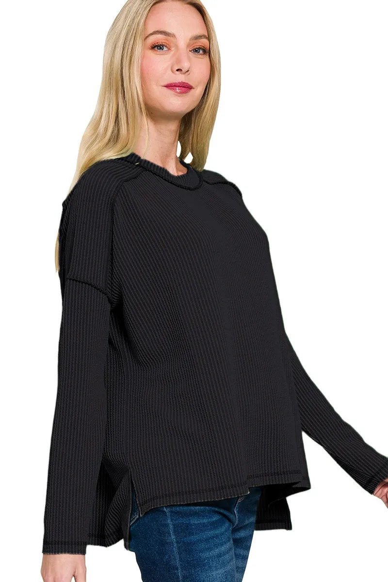 Zenana Full Size Exposed Seam Long Sleeve Corded Rib Knit Top Plus Size - JUST - JEN BOUTIQUE