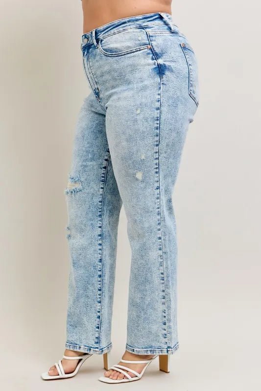 Judy Blue Full Size Hw Mineral Wash Destroy 90's Straight Jeans Plus Size - JUST - JEN BOUTIQUE