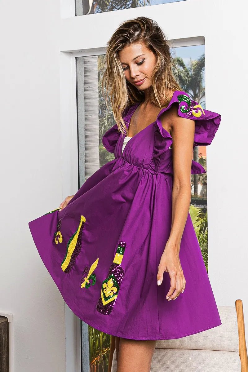 BiBi Mardi Gras Sequin Embroidery Ruffled Dress - JUST - JEN BOUTIQUE
