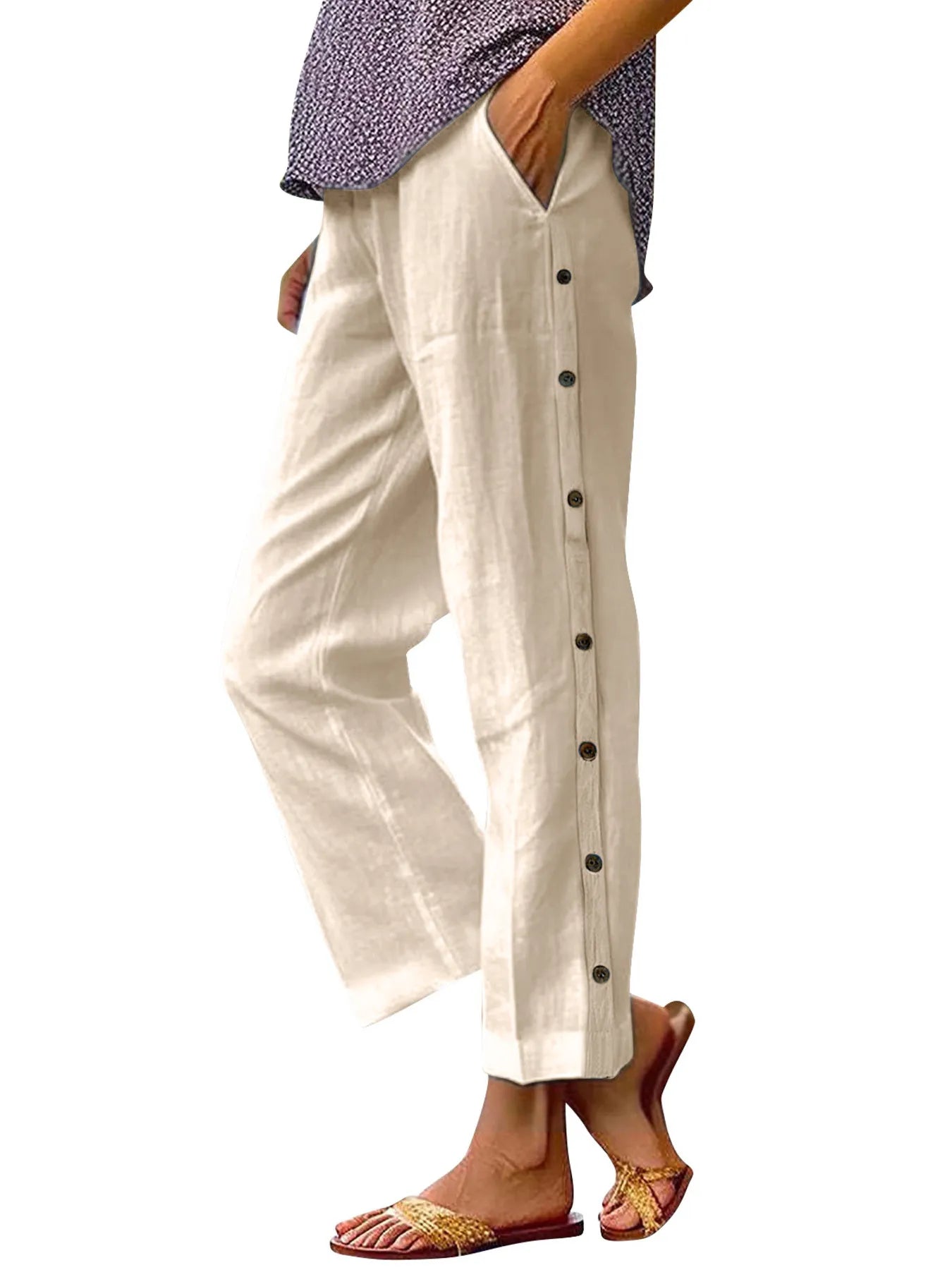 Full Size Side Decor Button Casual Wide Leg Pants Plus Size - JUST - JEN BOUTIQUE