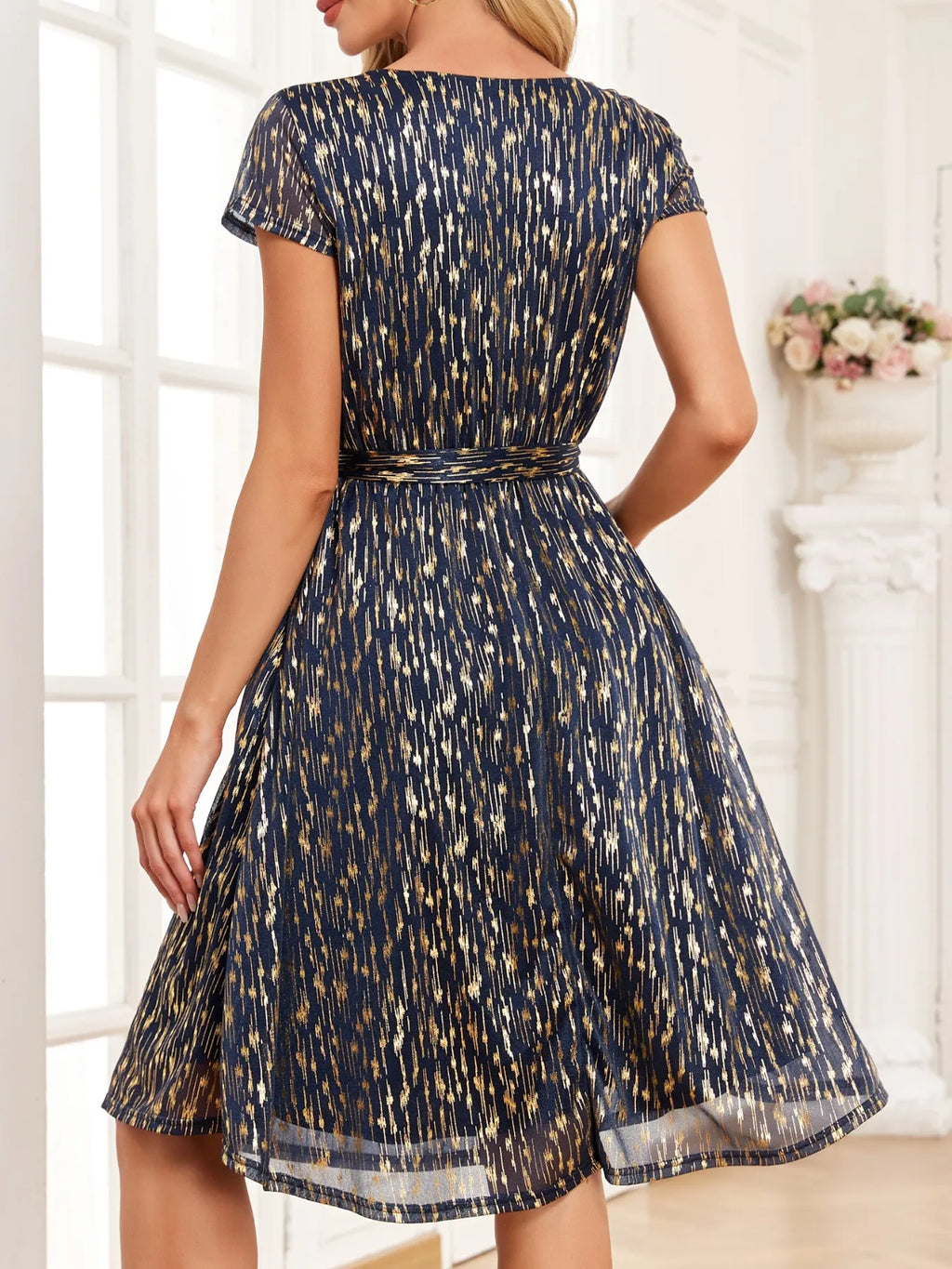 V - Neck Metallic Print Dress - JUST - JEN BOUTIQUE