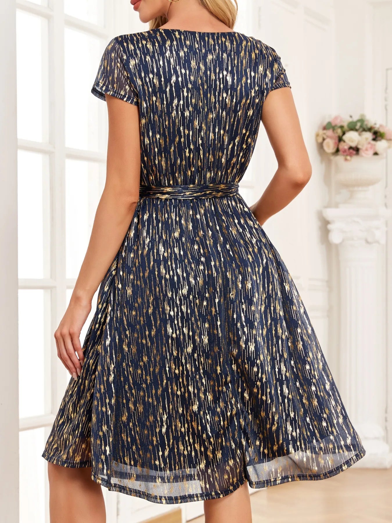 V - Neck Metallic Print Dress - JUST - JEN BOUTIQUE
