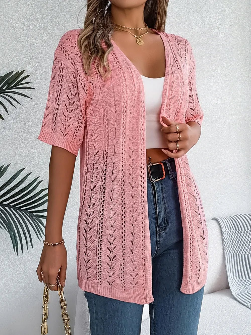 Openwork Open Front Half Sleeve Cardigan - JUST - JEN BOUTIQUE
