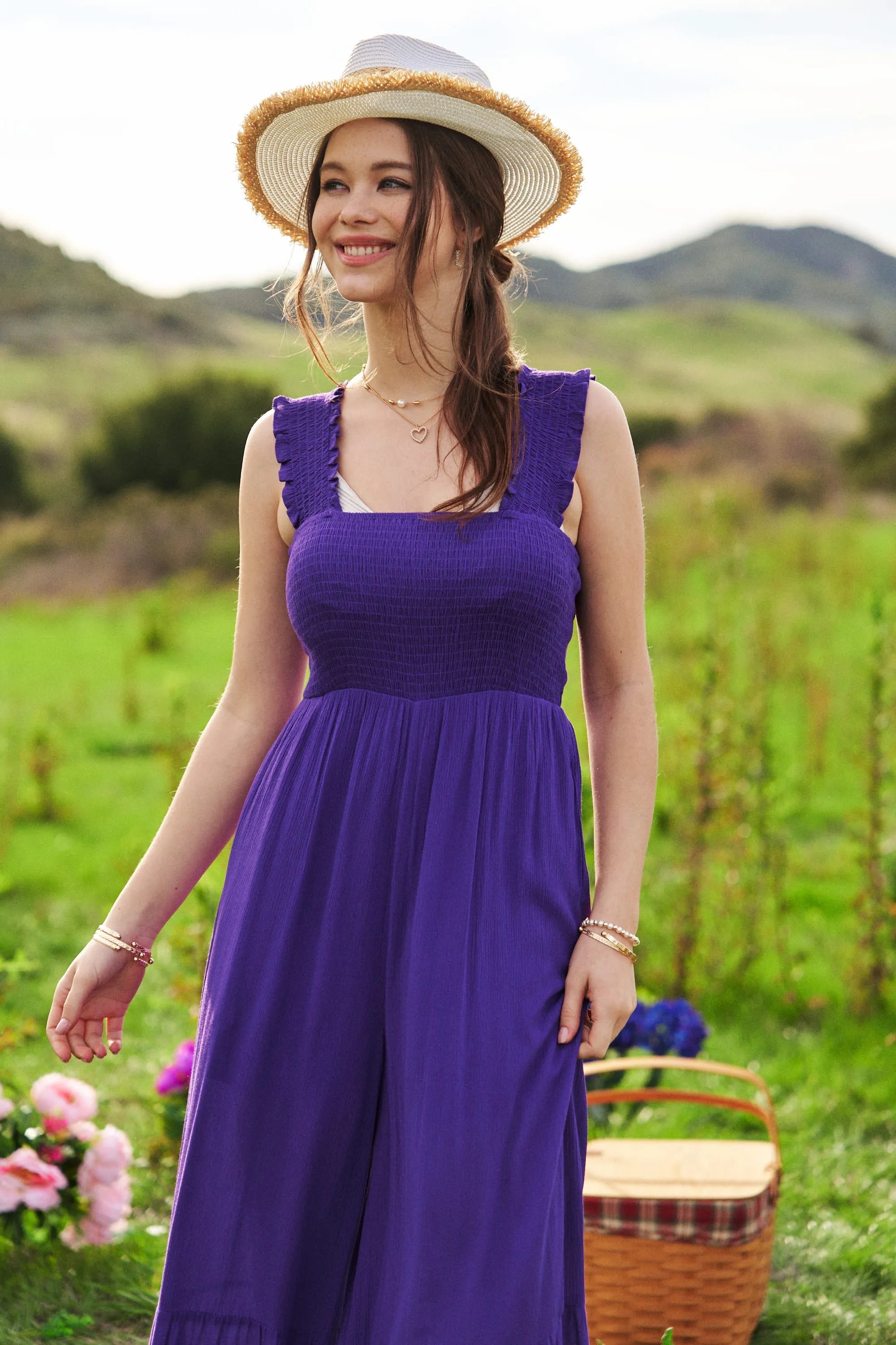 Davi & Dani Smocked Bodice Strap Ruffle Tie Belt Jumpsuit - JUST - JEN BOUTIQUE
