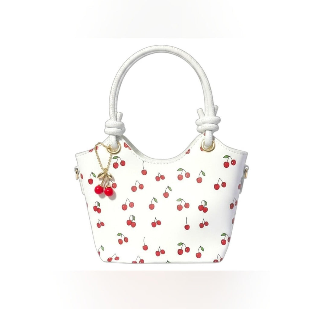Cherry Print Faux Leather Crossbody Handbag Purse w/ Cherry Bag Charm