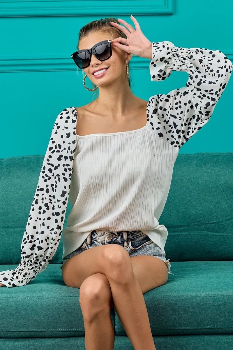 BiBi Ribbed Top with Leopard Long Sleeves - JUST - JEN BOUTIQUE