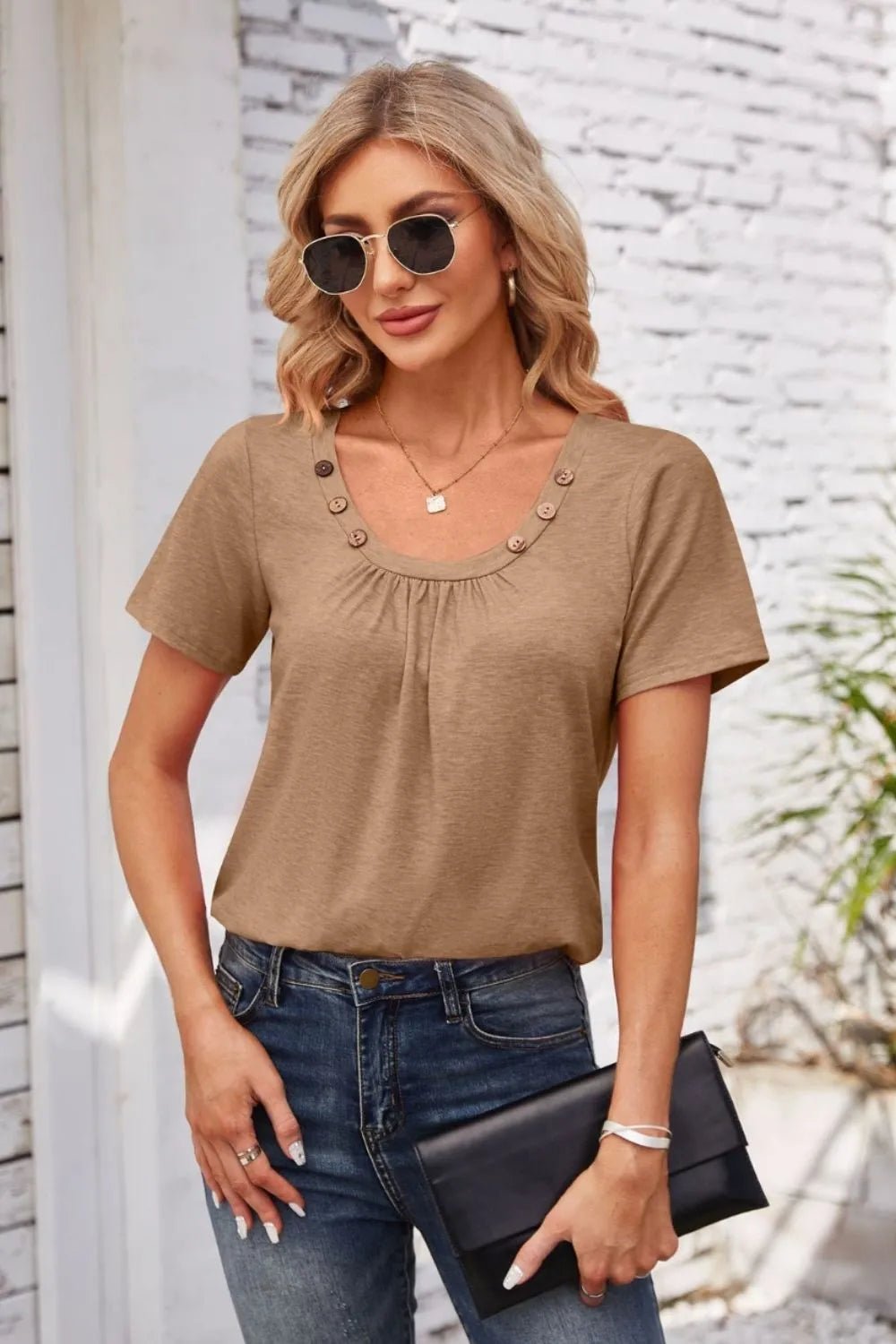 Decorative Button Scoop Neck T-Shirt - JUST - JEN BOUTIQUE