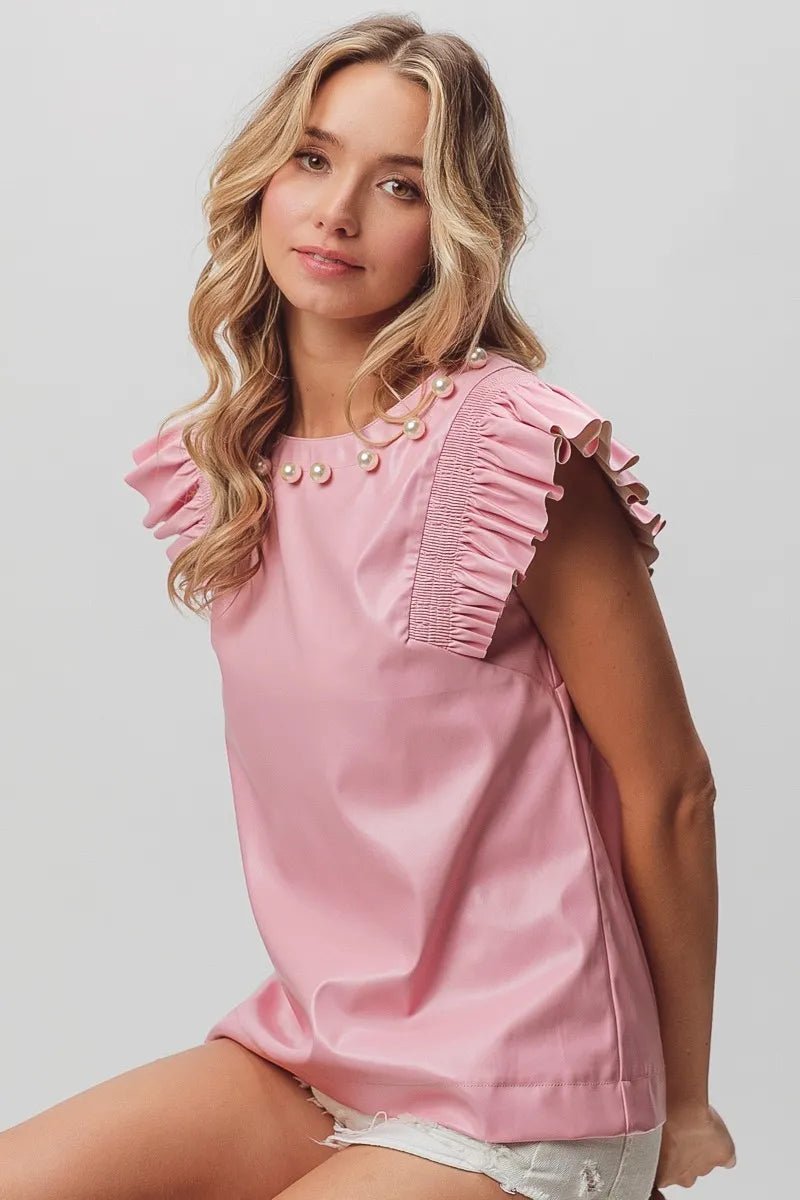BiBi Leather Smocked Ruffled Top - JUST - JEN BOUTIQUE