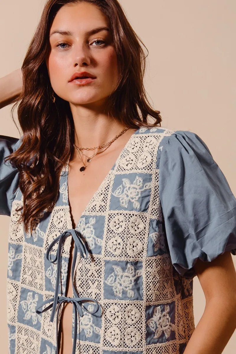 SO ME Crochet Lace Tie Front V Neck Blouse Top - JUST - JEN BOUTIQUE