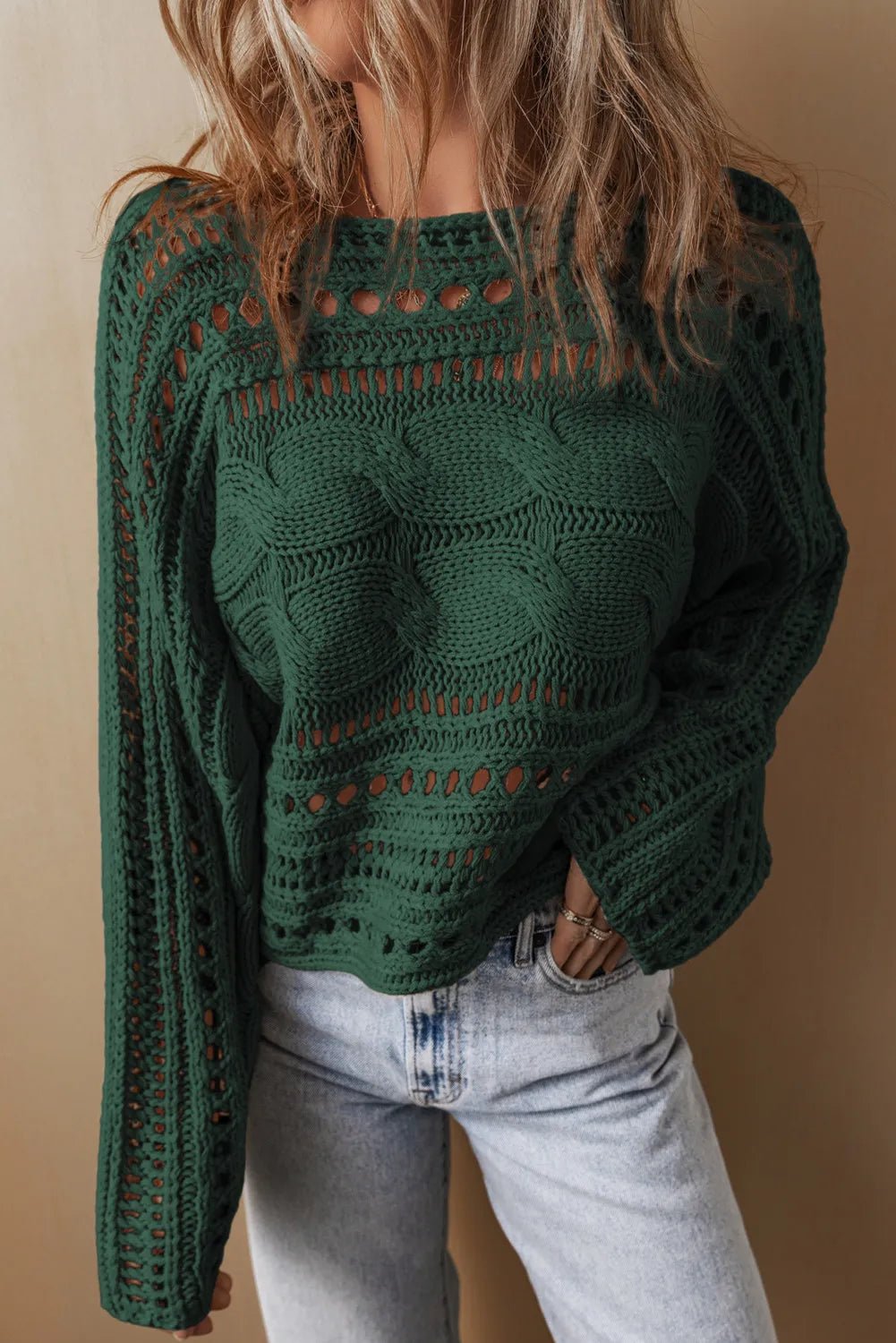Cable - Knit Openwork Long Sleeve Sweater - JUST - JEN BOUTIQUE