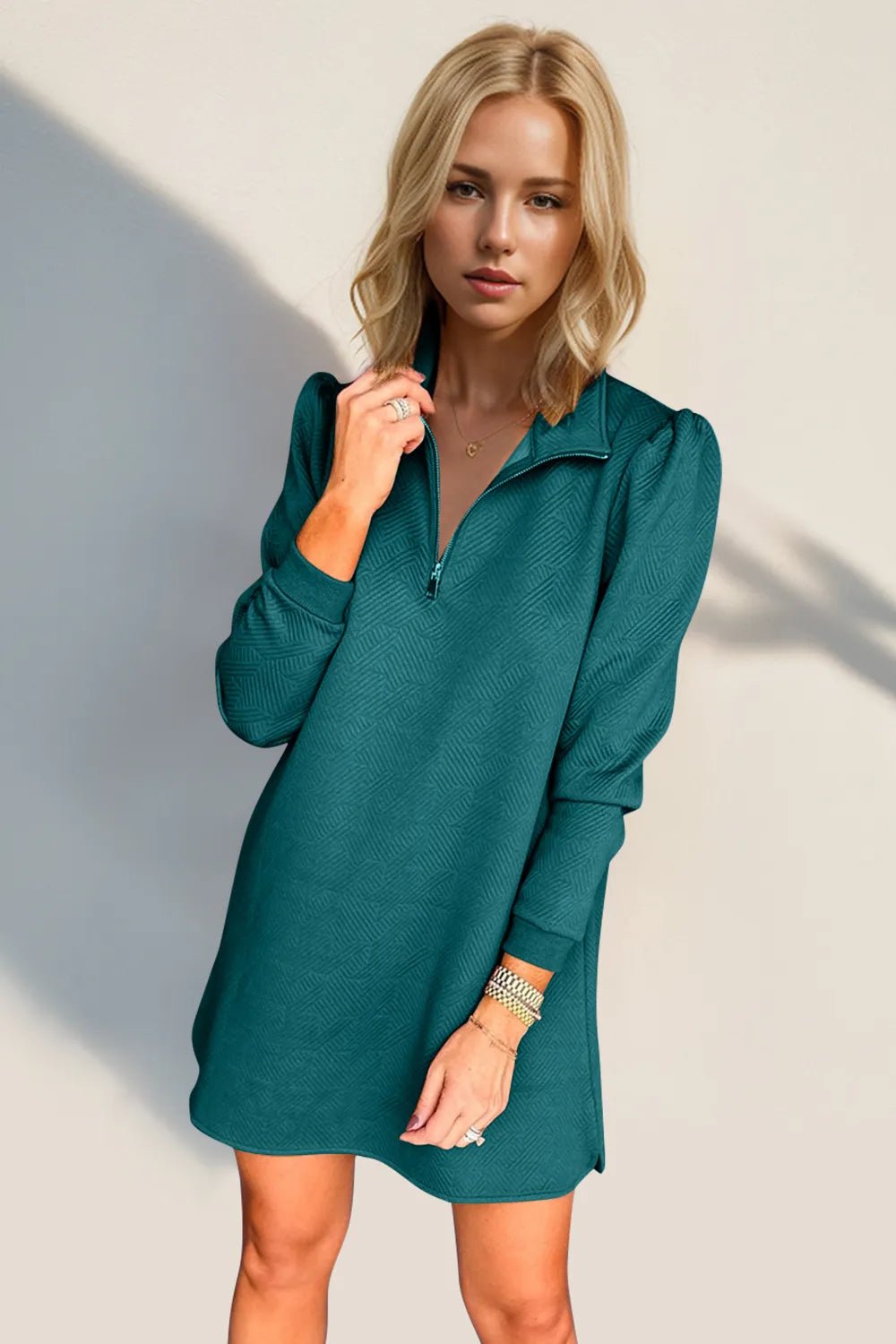 Double Take Textured Quarter Zip Long Sleeve Dress - JUST - JEN BOUTIQUE