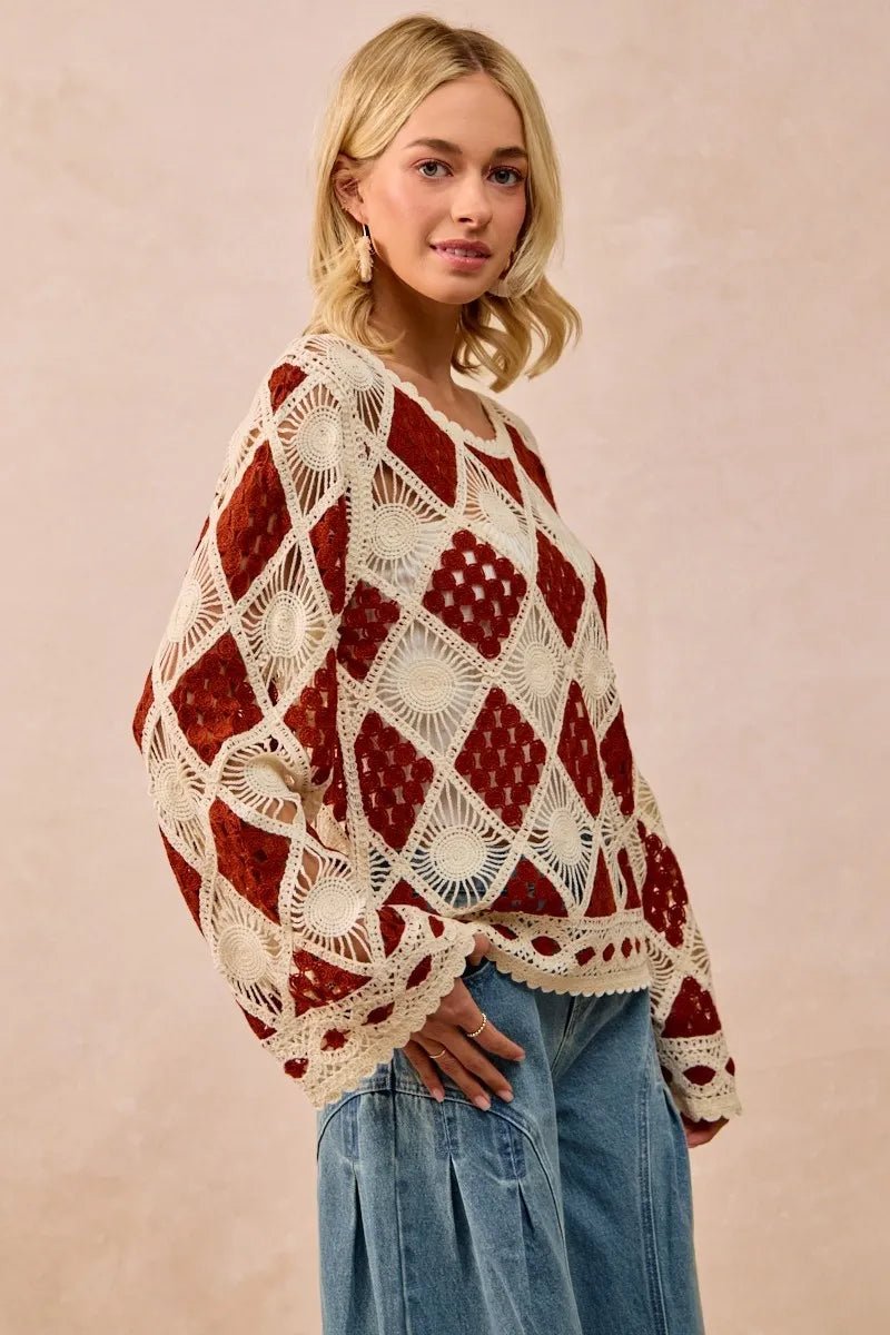 BiBi Diamond Crochet Knit Top - JUST - JEN BOUTIQUE
