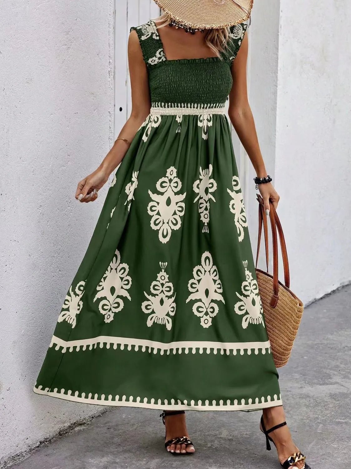 Smocked Printed Wide Strap Maxi Dress - JUST - JEN BOUTIQUE