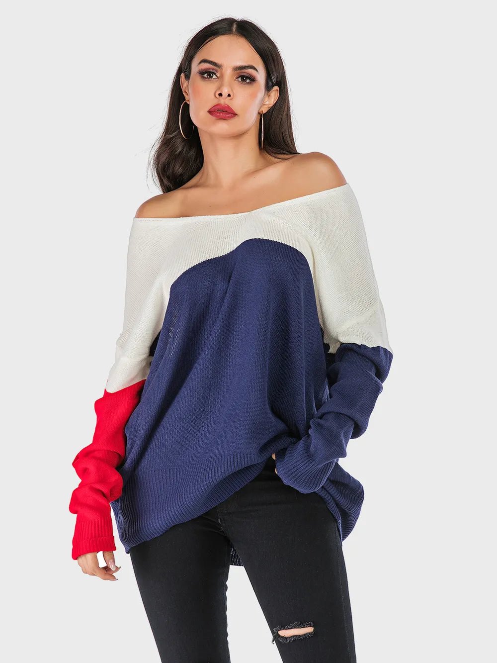 Perfee Contrast V - Neck Long Sleeve Knit Top - JUST - JEN BOUTIQUE