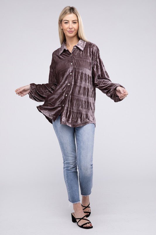 Wrinkle Effect Tiered Shirring Velvet Shirt - JUST - JEN BOUTIQUE