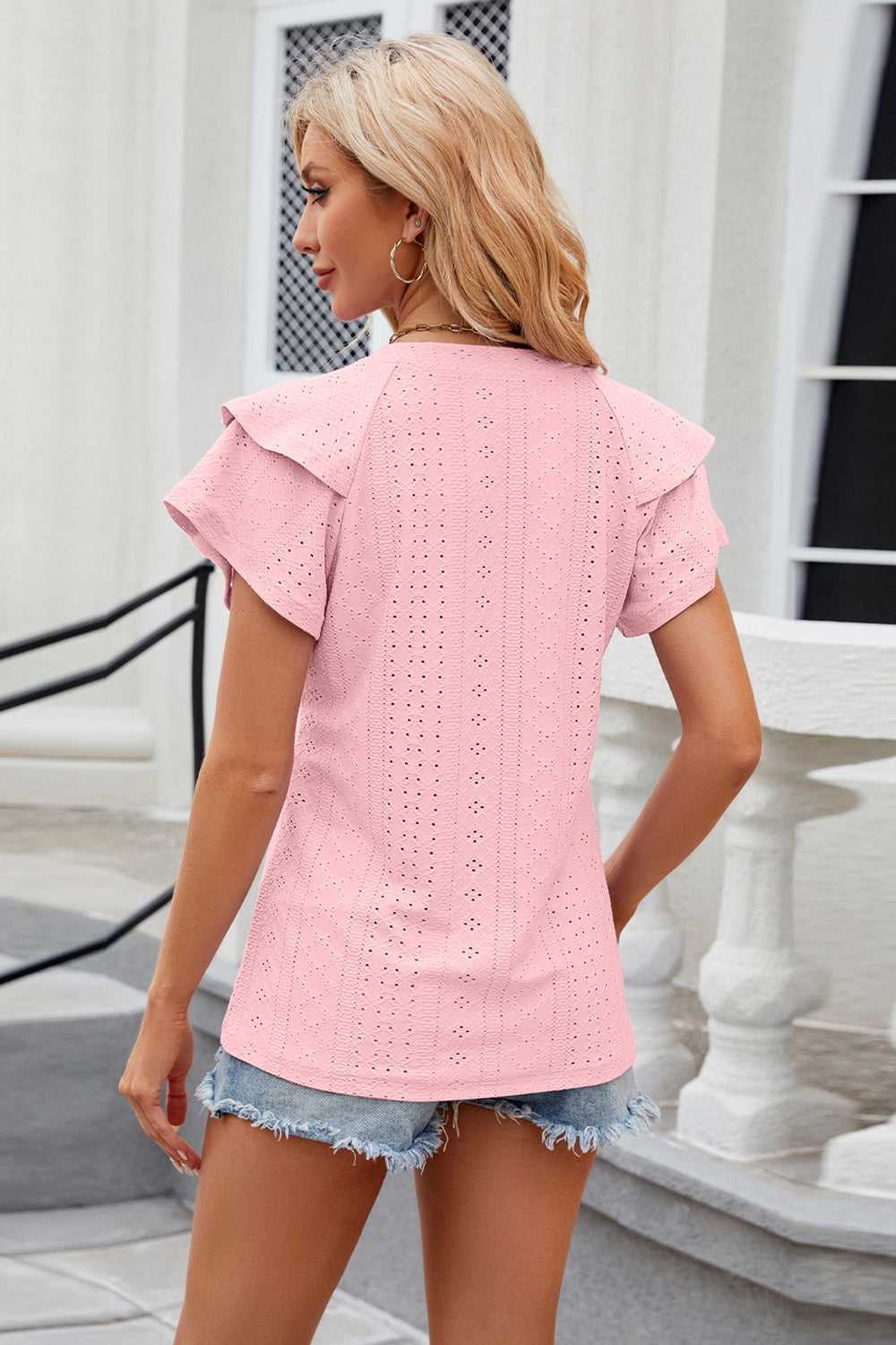 Eyelet Notched Short Sleeve T-Shirt