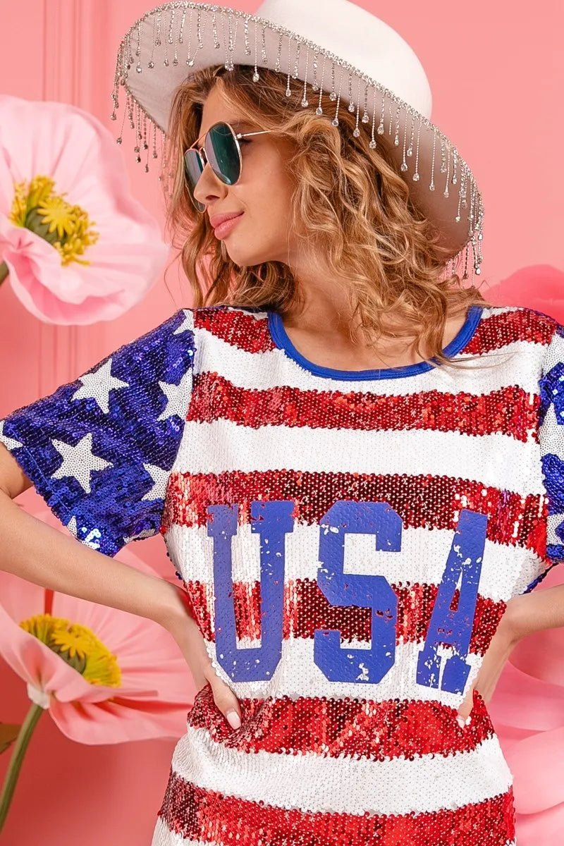 BiBi American Flag Theme Usa Print Sequin Dress - JUST - JEN BOUTIQUE