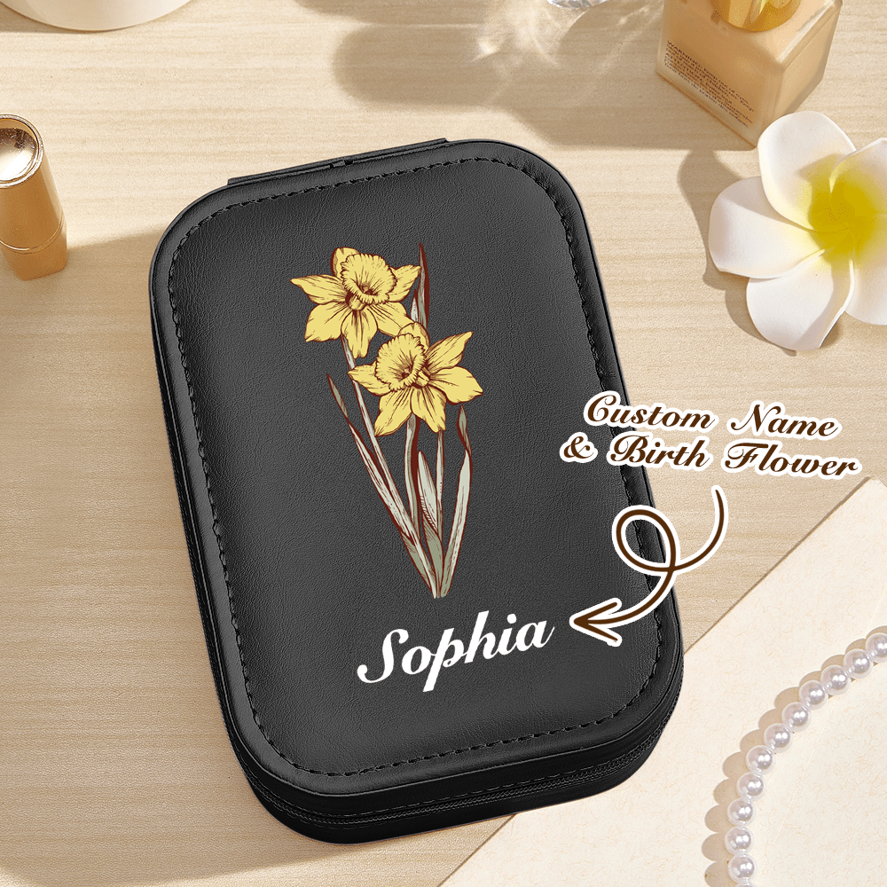 Personalized Birth Flower PU Leather Jewelry Box with LED Makeup Mirror Birthday Gift for Her - JUST - JEN BOUTIQUE