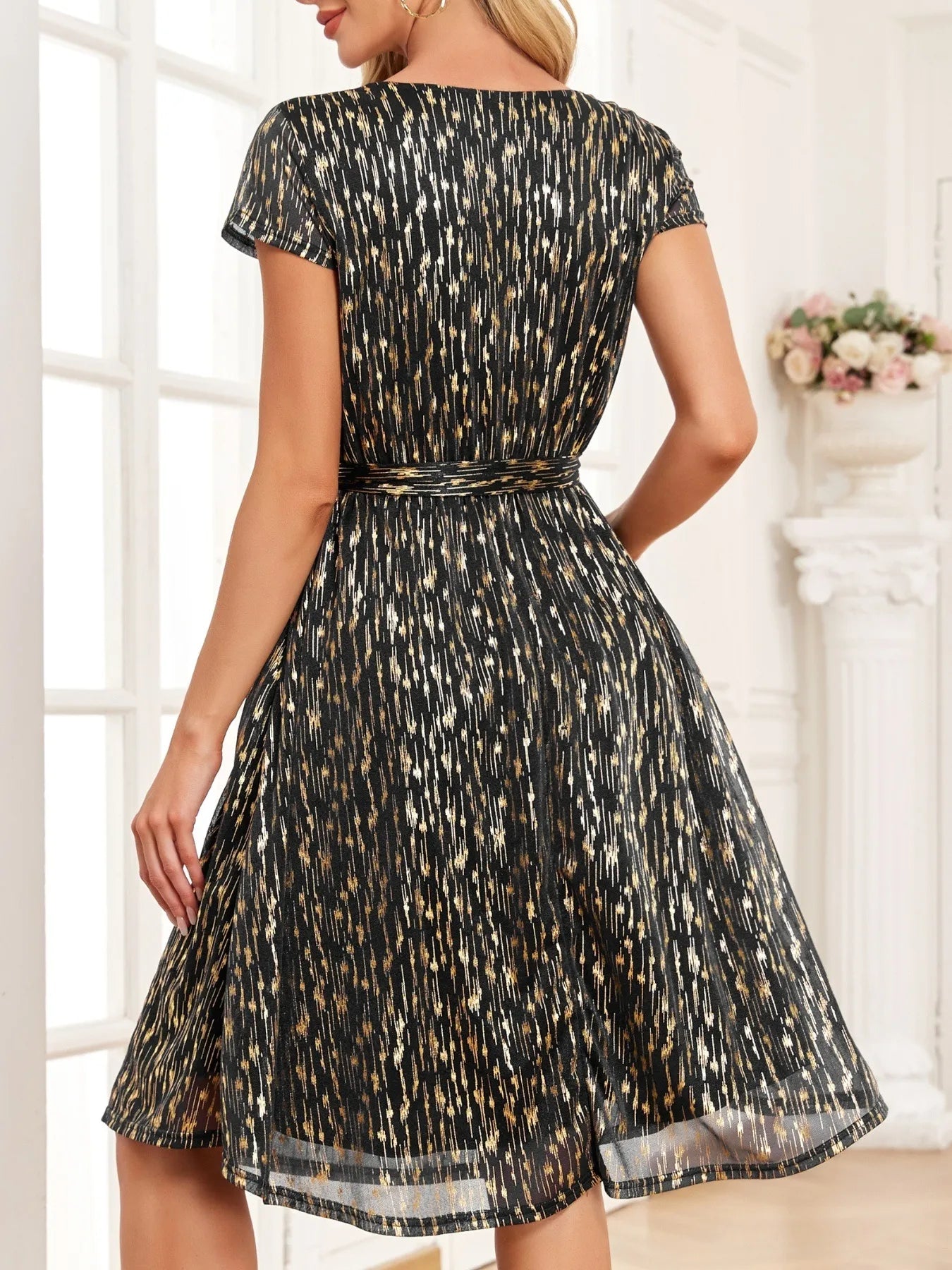 V - Neck Metallic Print Dress - JUST - JEN BOUTIQUE