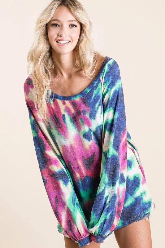 BiBi Tie Dye Print Terry Top with Puff Sleeves - JUST - JEN BOUTIQUE