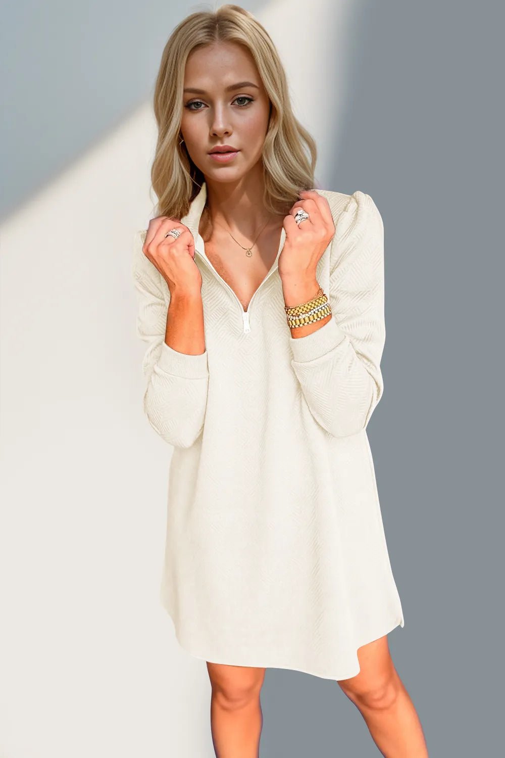 Double Take Textured Quarter Zip Long Sleeve Dress - JUST - JEN BOUTIQUE