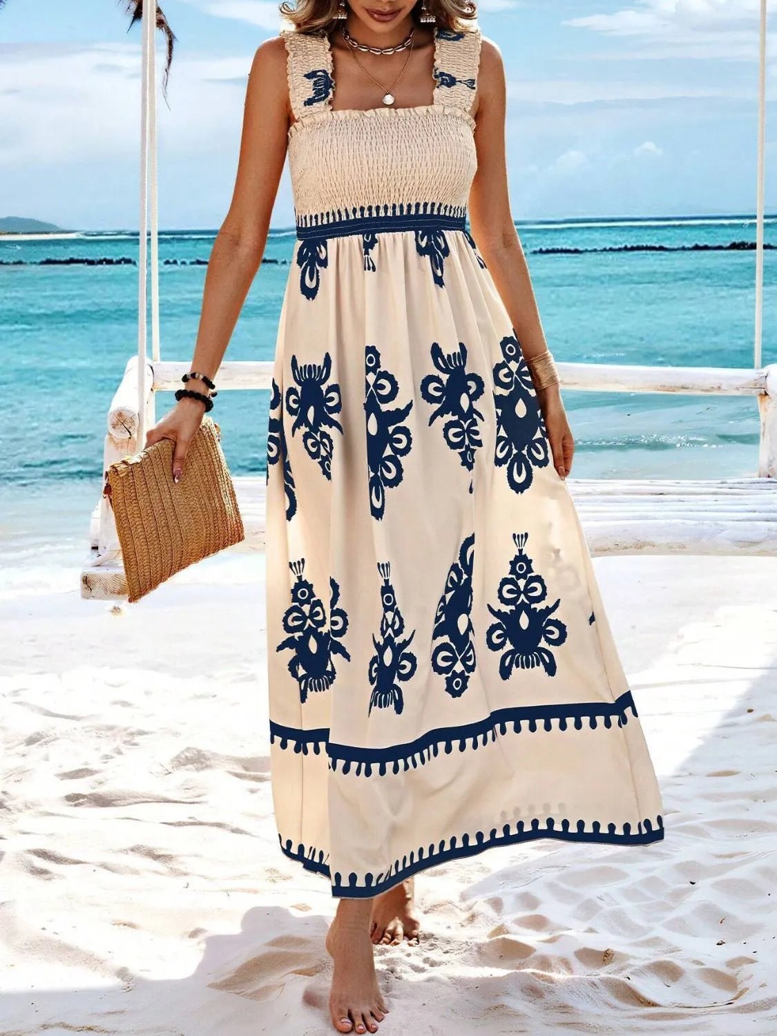 Smocked Printed Wide Strap Maxi Dress - JUST - JEN BOUTIQUE