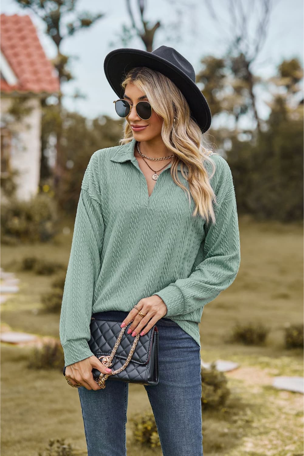 Collared Neck Cable - Knit Long Sleeve Blouse - JUST - JEN BOUTIQUE