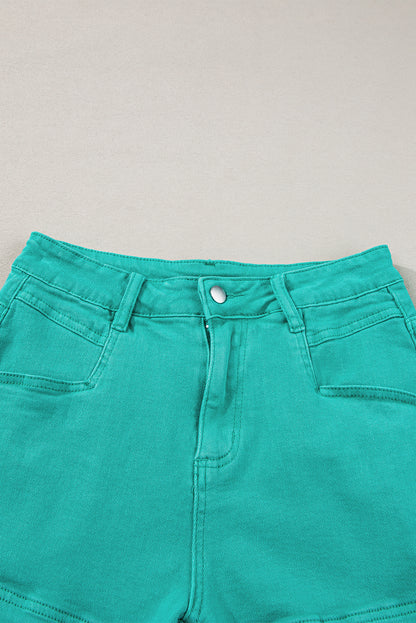 Turquoise Raw Hem Mid Rise Denim Shorts